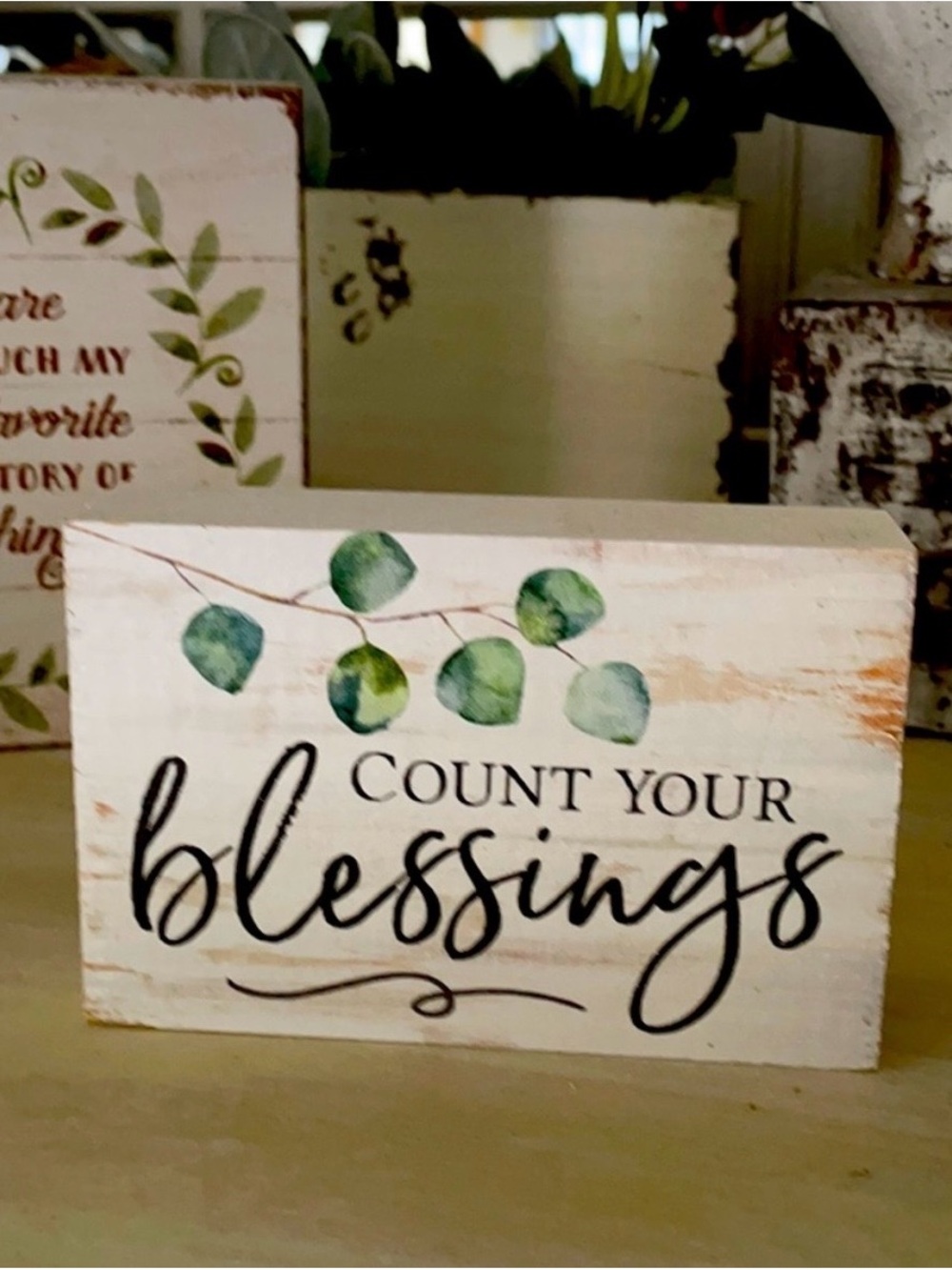Count Your Blessings Decorative Wood Sign - White & Green